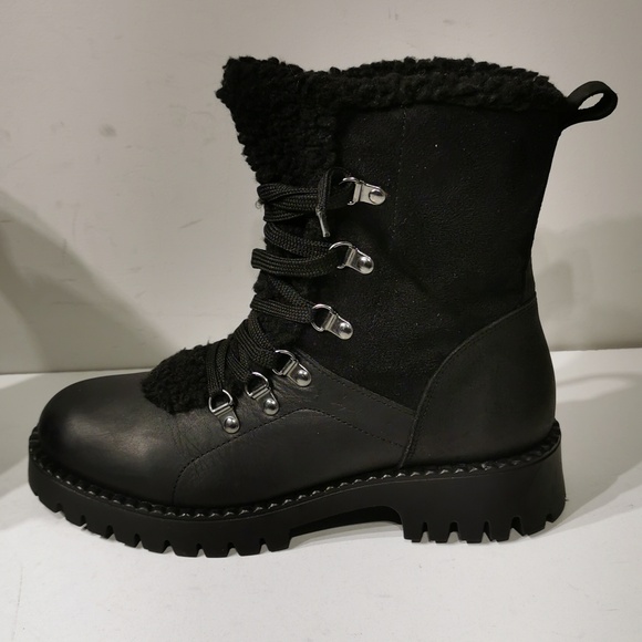 Bootlegger Black Military Combat Lace Up Sherpa Leather Boots - Picture 2 of 10